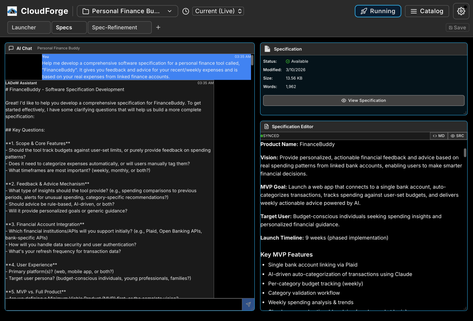 CloudForge AI specification chat interface showing a conversation developing a software specification alongside a live spec editor